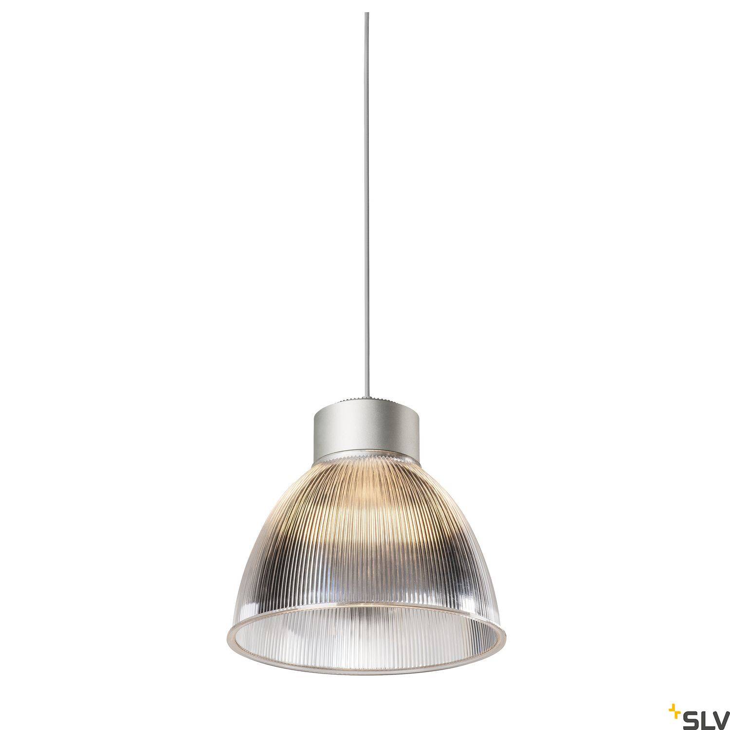 Lampa wisząca z przezroczystym, prążkowanym kloszem i białym przewodem. Minimalistyczny design, idealna do nowoczesnych wnętrz.