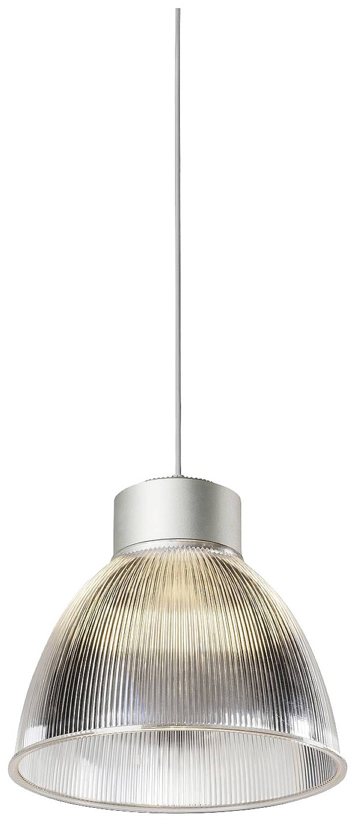 Wisząca lampa wahadłowa z przezroczystą, żebrowaną osłoną szklaną. Zawieszona na cienkiej lince, emituje ciepłe światło.