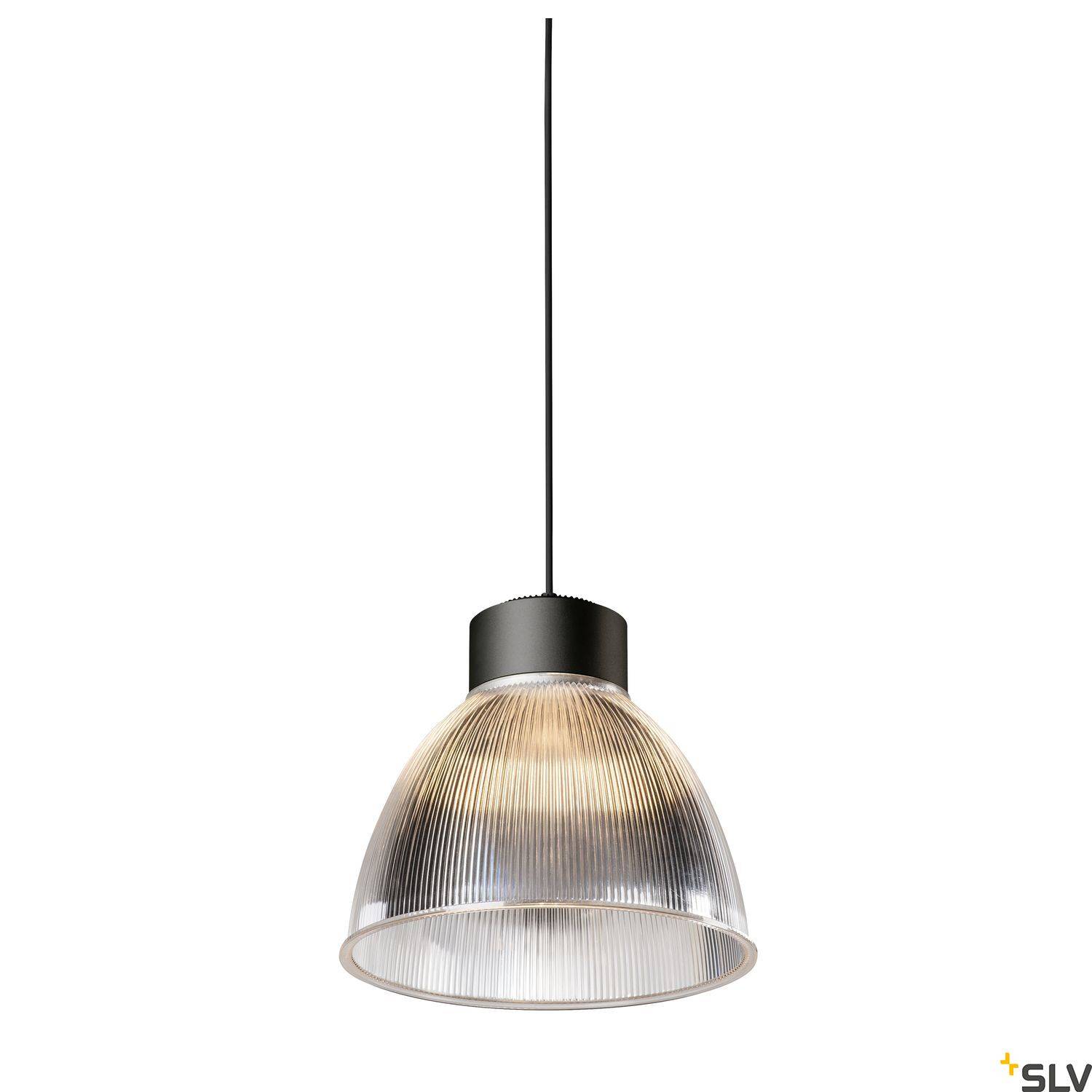 Nowoczesna lampa wisząca z przezroczystym, prążkowanym kloszem i czarną podstawą, emitująca ciepłe światło.