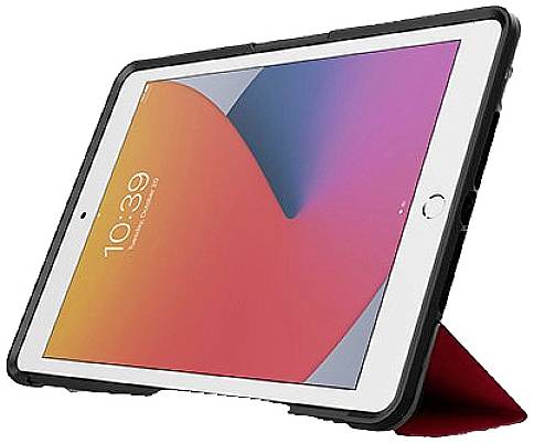 Tablet w czarnej obudowie stoi pionowo w podstawce. Na ekranie widoczne są kolorowe gradienty bez rozpoznawalnego tekstu.