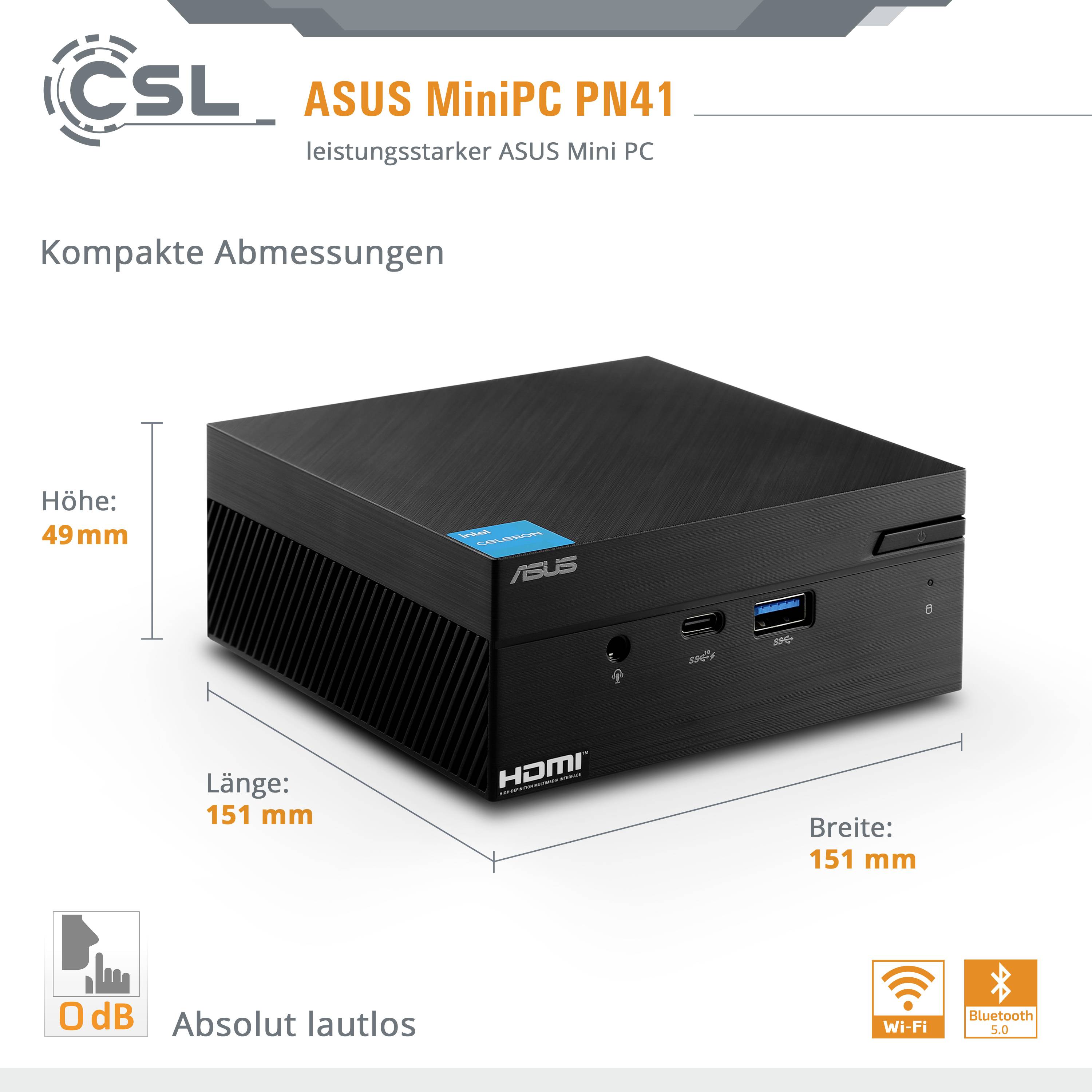 ASUS MiniPC PN41 firmy CSL: kompaktowy, cichy mini-komputer o wymiarach: 151 mm x 151 mm x 49 mm. Wyposażony w złącza HDMI, USB, Bluetooth, Wi-Fi.