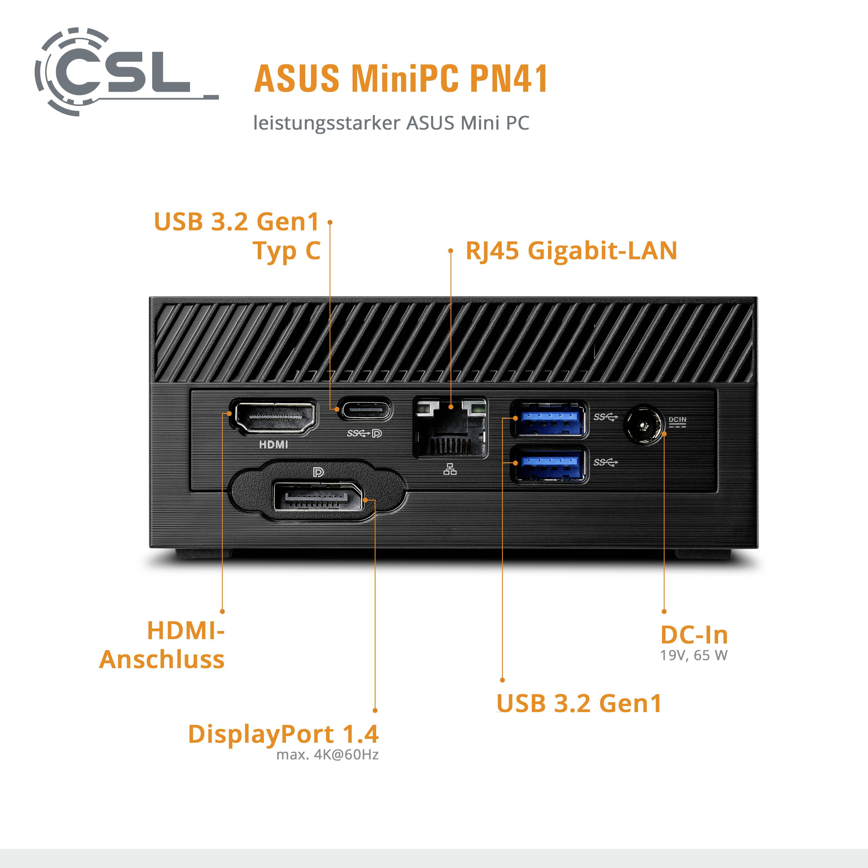 'ASUS MiniPC PN41: wydajny komputer mini ASUS. Złącza: USB 3.2 Gen1 Typ C, RJ45 Gigabit-LAN, złącza HDMI, złącze zasilania DC.'