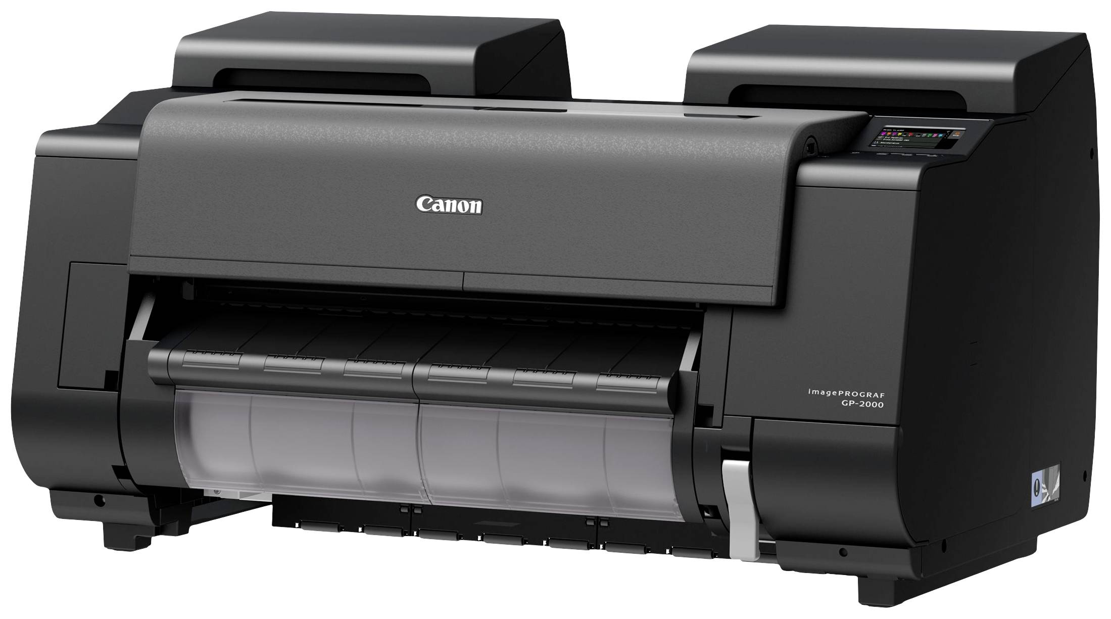 Duży czarny drukarka z wieloma podajnikami papieru i elementami sterującymi w prawym górnym rogu; odpowiednia do drukowania w dużym formacie.