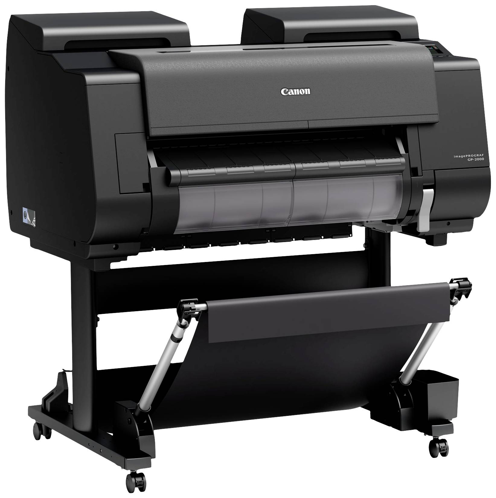 Duży czarny drukarka na kółkach stoi na stabilnym stelażu. Jest przeznaczona do drukowania dokumentów w dużym formacie.
