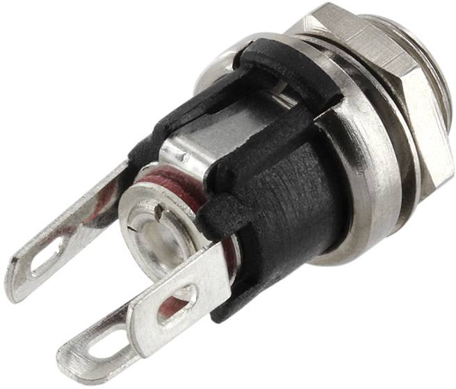 Metalowa tuleja z dwoma przyłączami, odpowiednia do połączeń kablowych w urządzeniach elektronicznych lub zastosowaniach.