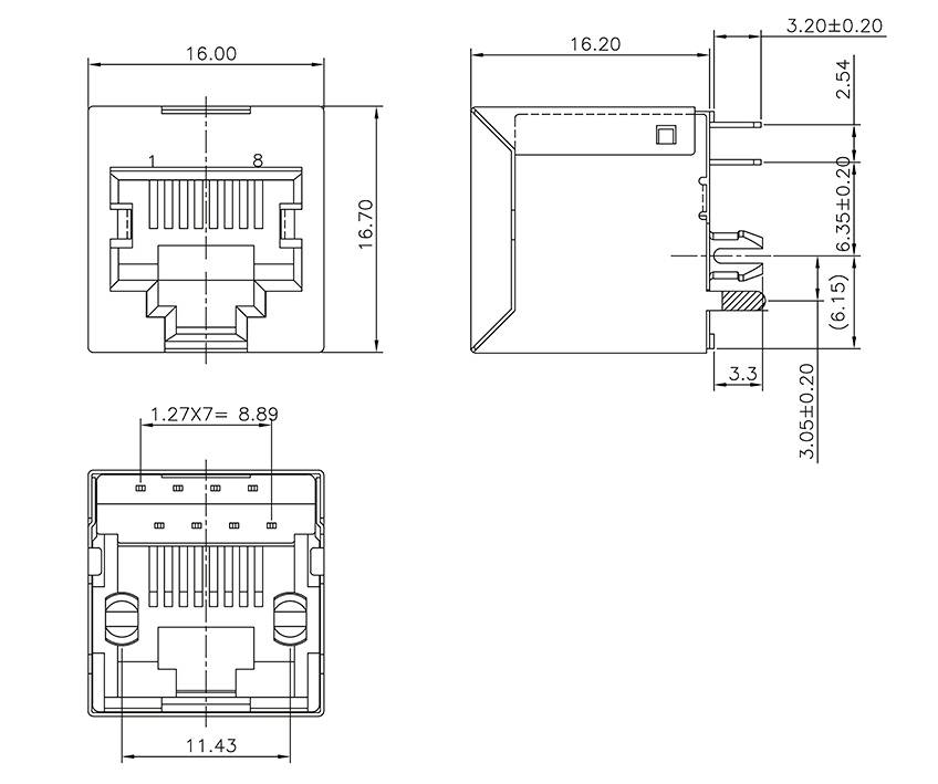 Rysunek techniczny wtyku RJ45 z wymiarami w milimetrach. Widok z boku i widok z przodu przedstawiają dokładne wymiary i rozmieszczenie pinów.