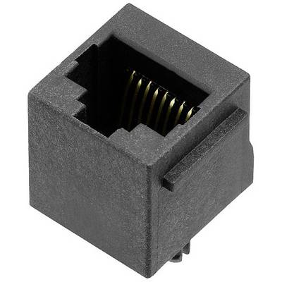 Czarna plastikowa wtyczka sieciowa RJ-45 z ośmioma metalowymi stykami osadzonymi w prostokątnej obudowie.