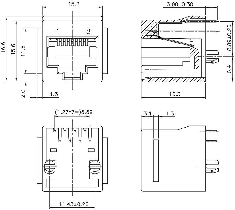 Rysunek techniczny wtyku RJ45 z wymiarami: szerokość 15,2 mm, wysokość 16,3 mm, głębokość 15,6 mm. Widoki szczegółowe z przekrojem.