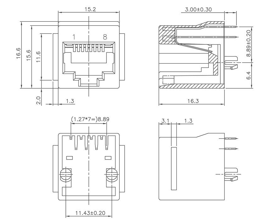 Rysunek techniczny modułu gniazda RJ45 z wymiarami w milimetrach oraz przekrojami. Zawiera widok z przodu, z boku i z góry.