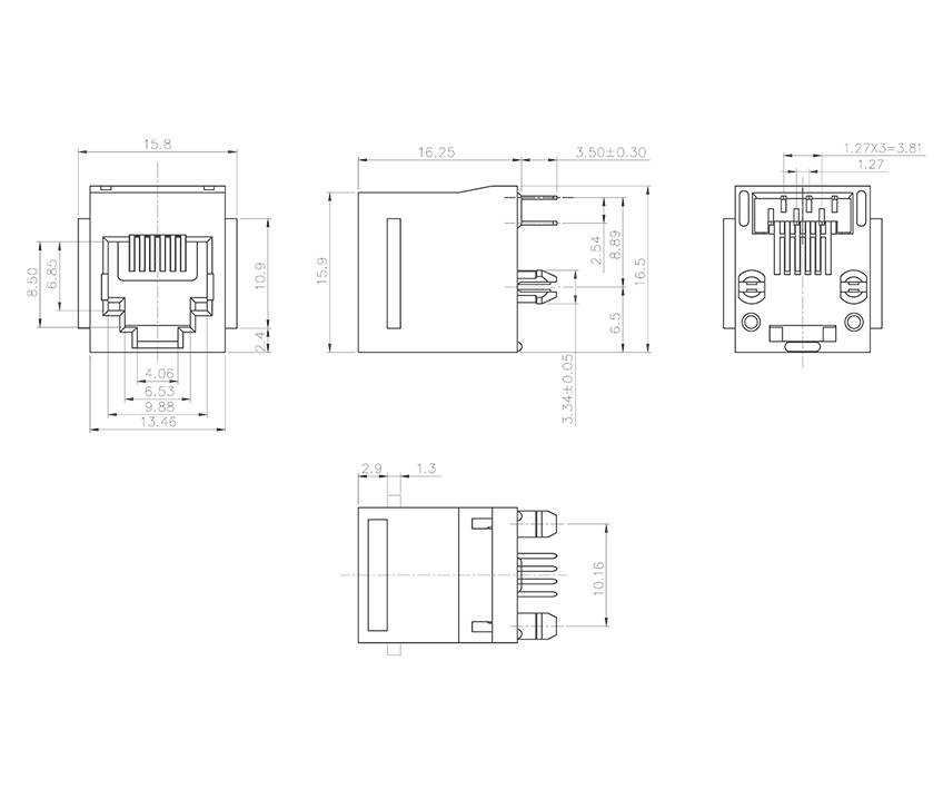 Rysunek techniczny złącza RJ45 w różnych rzutach, z wymiarami podanymi w milimetrach.