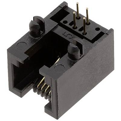 Czarna wtyczka Ethernet z czterema metalowymi pinami na górze i ośmioma punktami styku wewnątrz. Służy do podłączania kabli sieciowych.
