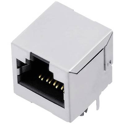 Gniazdo sieciowe Ethernet, prostokątne, srebrne, z widocznymi stykami metalowymi, do podłączenia sieci.