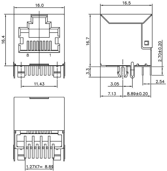 Rysunek techniczny złącza RJ45 z wymiarami w milimetrach. Przedstawia widok z przodu, z boku oraz od spodu złącza.