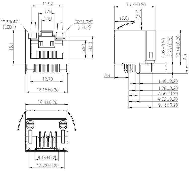 Rysunek techniczny modułu gniazda RJ45 z wymiarami w milimetrach. Widok z przodu i z boku przedstawia szczegółowe pomiary oraz opcje wskaźników LED.