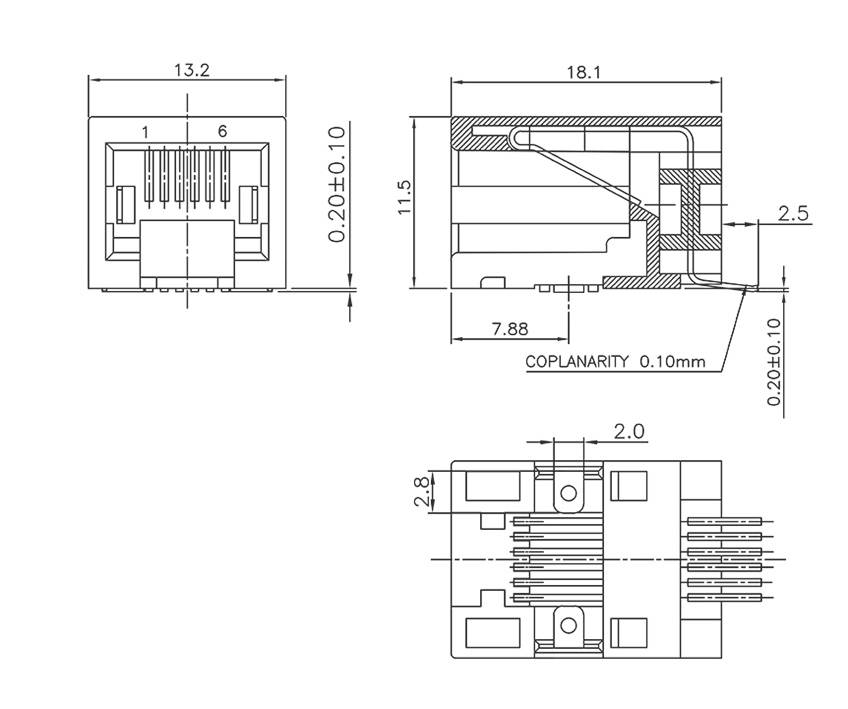 Rysunek techniczny złącza RJ45 z wymiarami w milimetrach. Widok z przodu, z boku i z góry z detalami koplanarności.