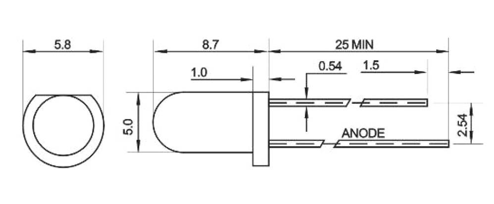 Schemat LED: przedstawia widok z boku i z góry z wymiarami (5,8 mm, 8,7 mm długości). Wskazano pozycję anody oraz odległości między przyłączami.