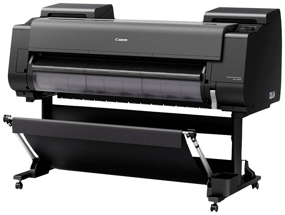 Drukarka Canon imagePROGRAF PRO-4100, duży profesjonalny drukarka fotograficzna ze stojakiem, idealna do wysokiej jakości wydruków.