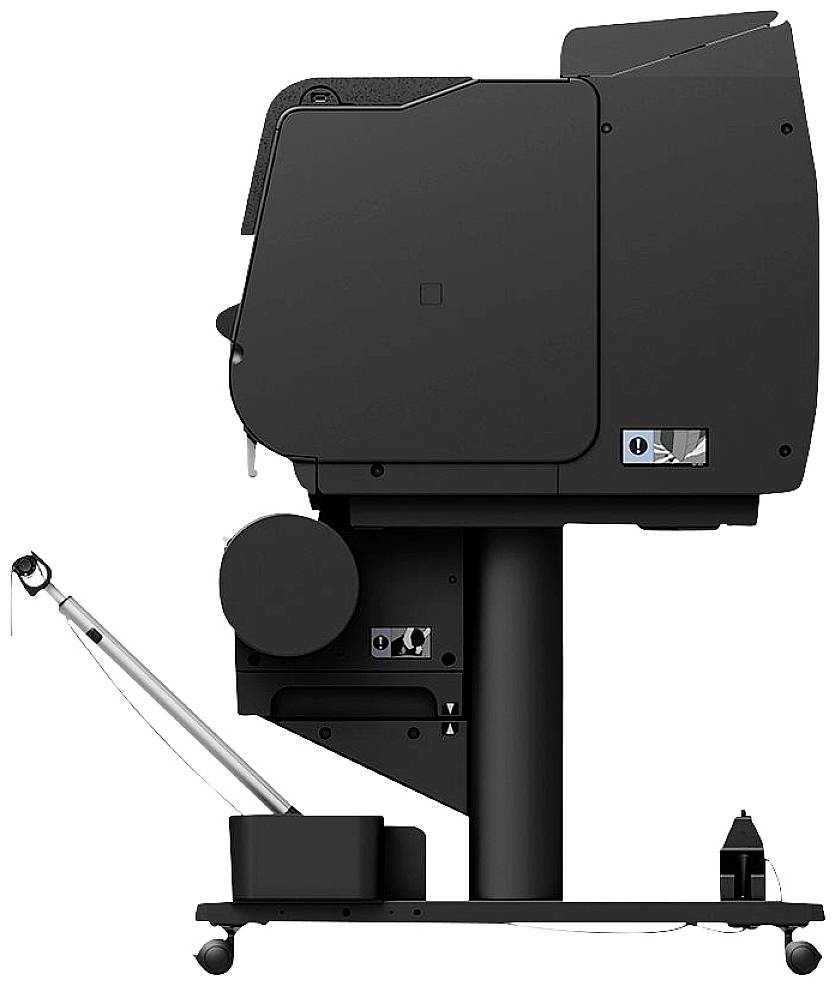 Czarny drukarz z zintegrowanym zbiornikiem i prętem od spodu zamocowanym na kółkach, nadający się do zastosowań przemysłowych.