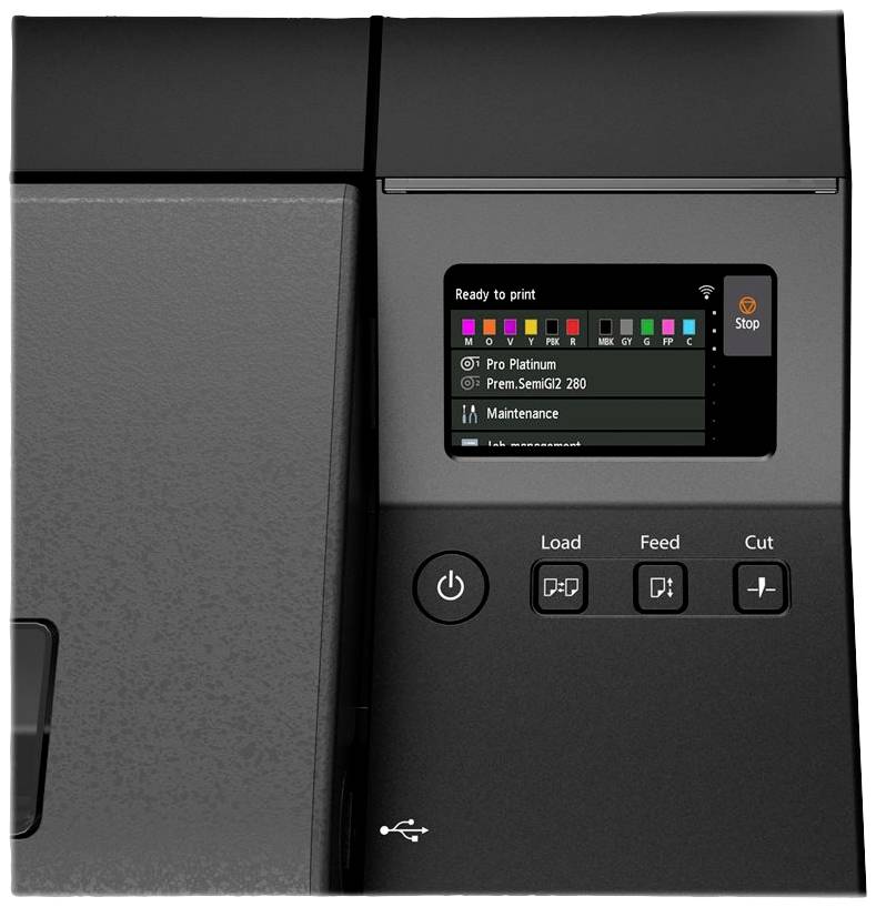 Wyświetlacz drukarki pokazuje 'Gotowy do druku' z wybranymi ustawieniami. Poniżej znajdują się przyciski do ładowania, podawania i cięcia papieru.