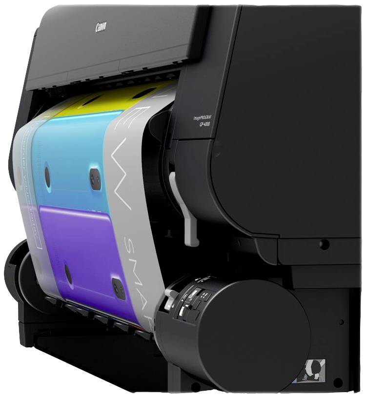 Drukarka generująca żywe wydruki kolorowe prezentuje papier zadrukowany na niebiesko i fioletowo. Proces drukowania w toku.