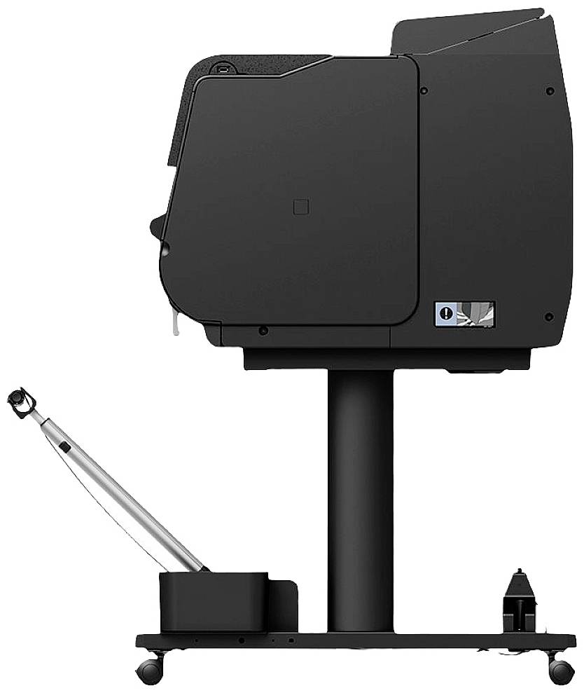 Duży, czarny wielofunkcyjny drukarz biurowy stoi na stabilnym stojaku z kółkami, ustawiony bokiem i gotowy do pracy.