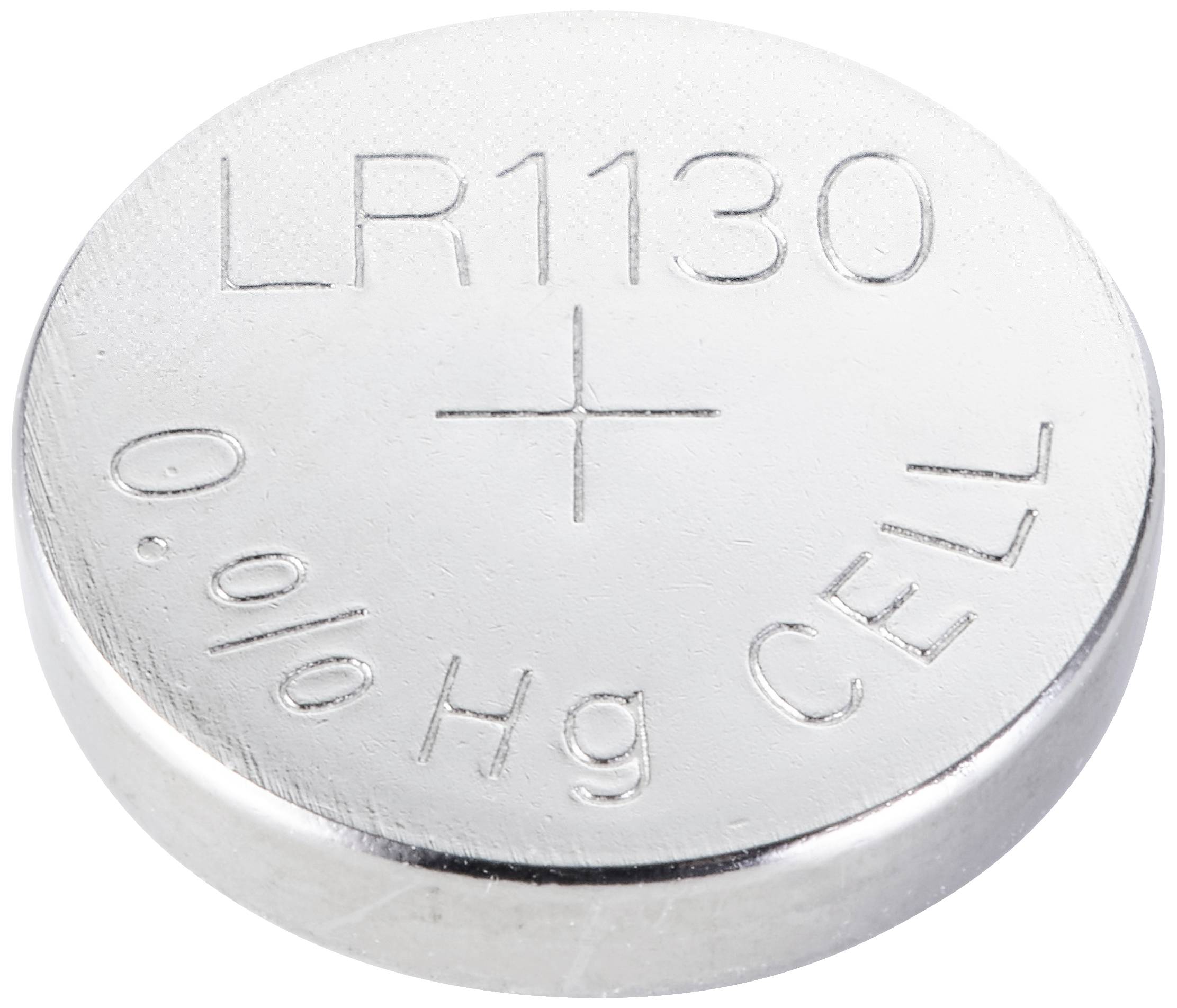 Srebrzysta bateria guzikowa z napisem 'LR1130' oraz '0% Hg'.