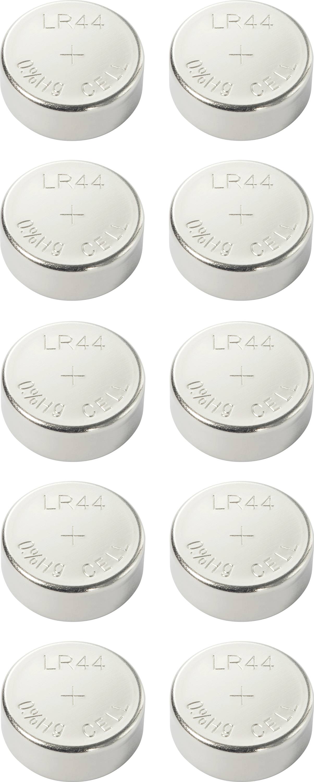 Dwanaście srebrnych baterii guzikowych ułożonych w trzech rzędach po cztery baterie, każda z napisem 'LP44'.