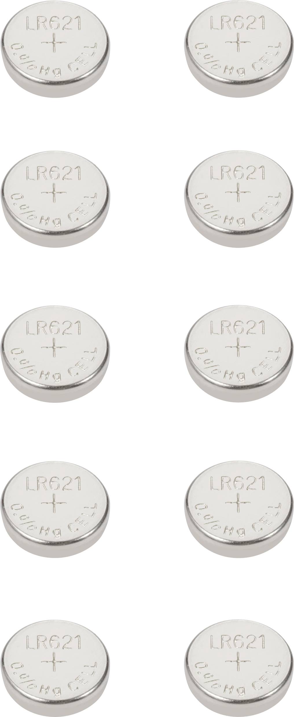 Dziesięć srebrnych baterii guzikowych z napisem 'LR621', ułożonych w dwóch kolumnach i pięciu rzędach.