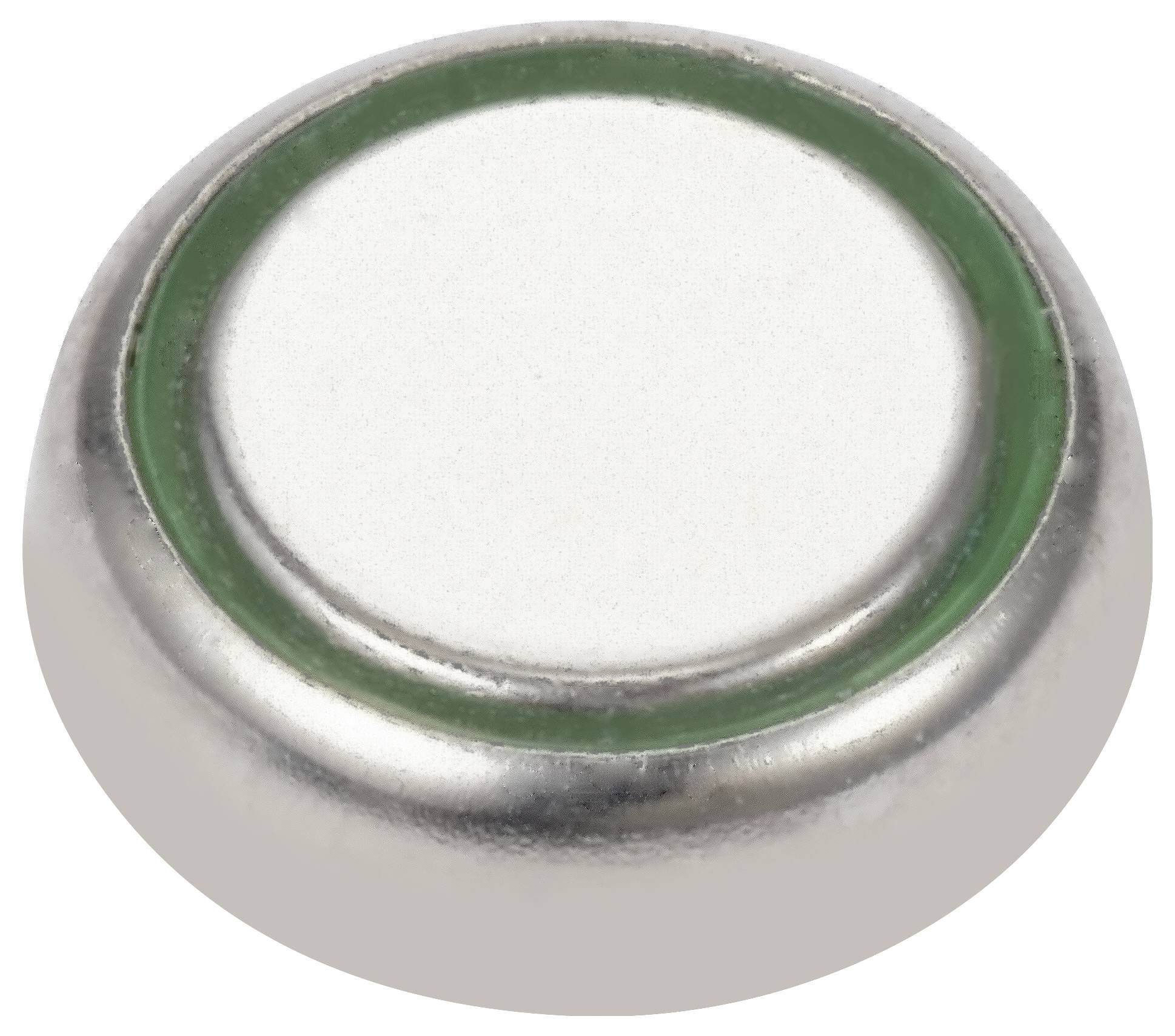 Mała, srebrna bateria guzikowa z zielonym pierścieniem.