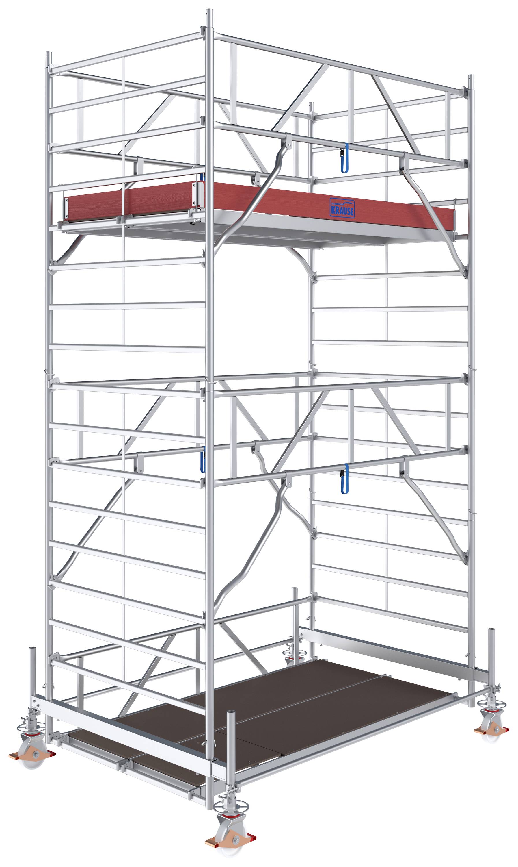Metalowy rusztowanie wieżowe na kółkach z wieloma platformami, odpowiedni do prac budowlanych lub remontowych na różnych wysokościach.