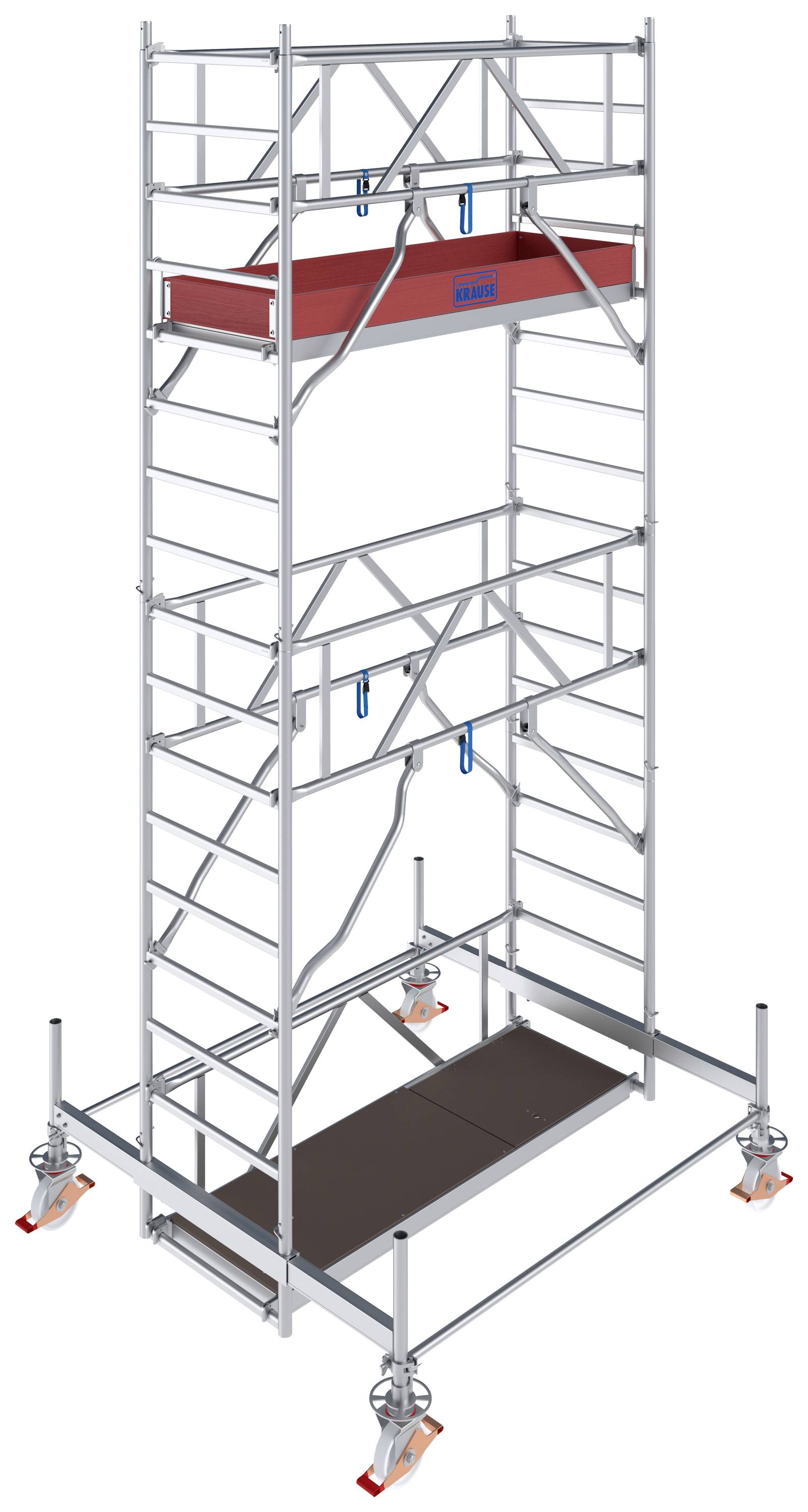 Wysokie rusztowanie z kilkoma poziomami wykonane z metalu, ustabilizowane szerokimi stopami. Na górze widać czerwoną platformę.