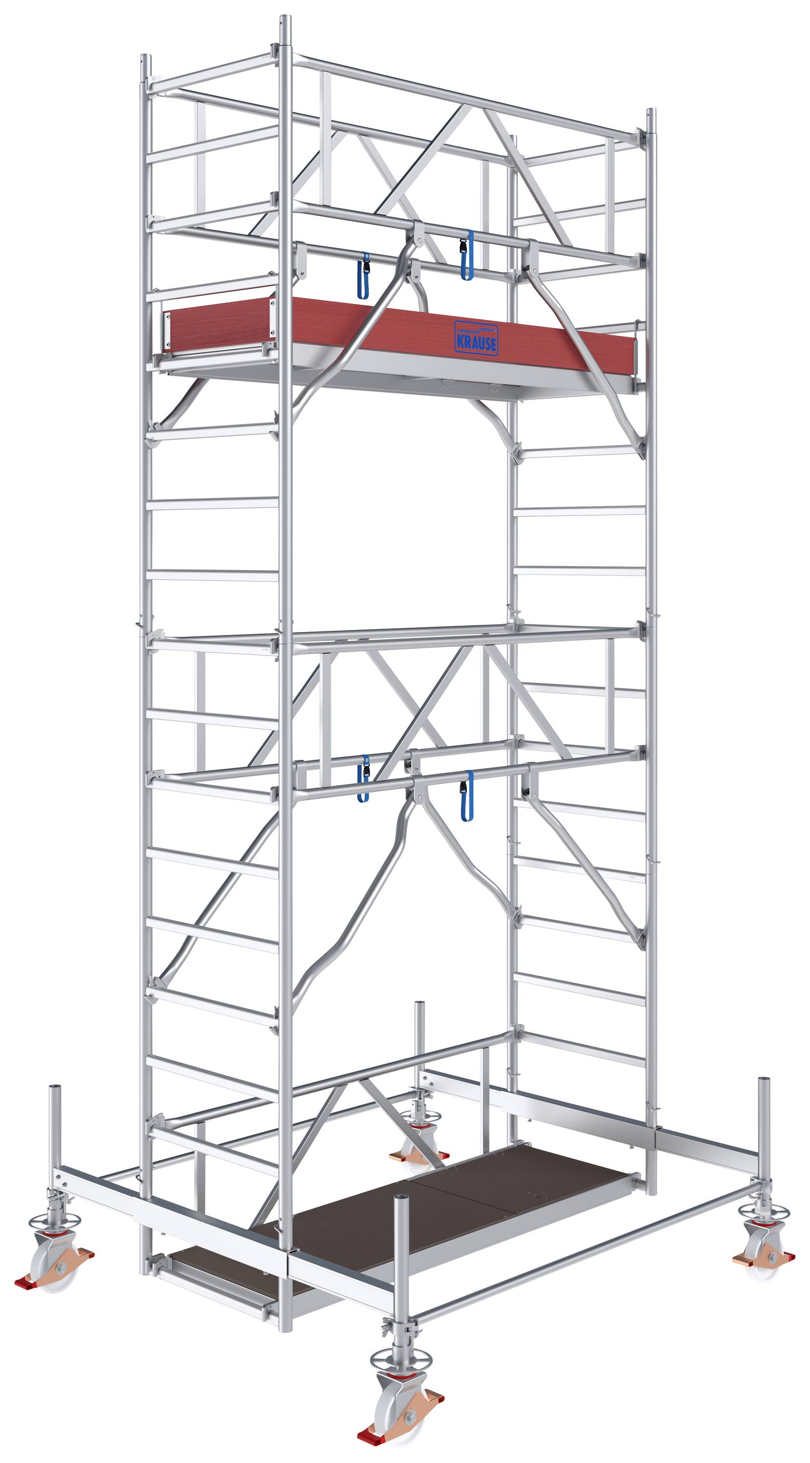 Wysoki, mobilny rusztowanie na kółkach z wieloma platformami. Jest wykonane z metalu i stosowane przy pracach budowlanych lub remontowych.