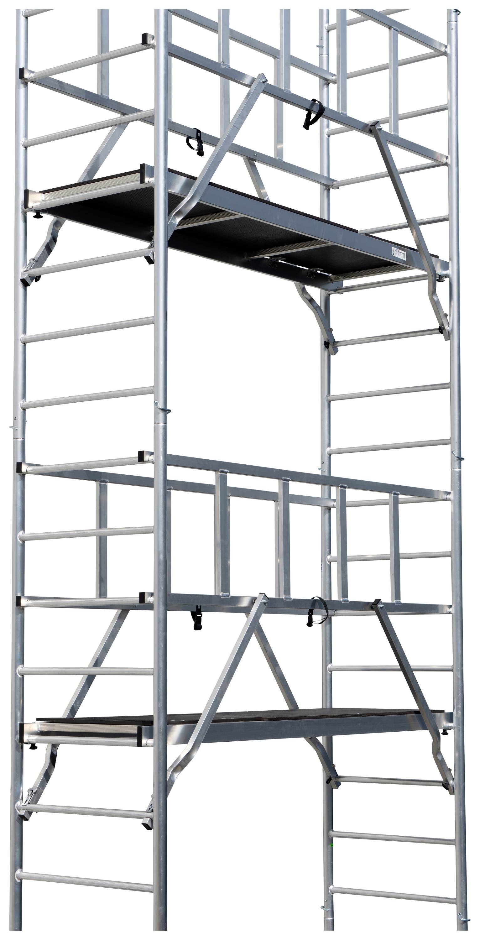 Rusztowanie aluminiowe z dwoma platformami roboczymi, ustawione pionowo. Obie platformy są połączone drabinami i wyposażone w barierki ochronne.