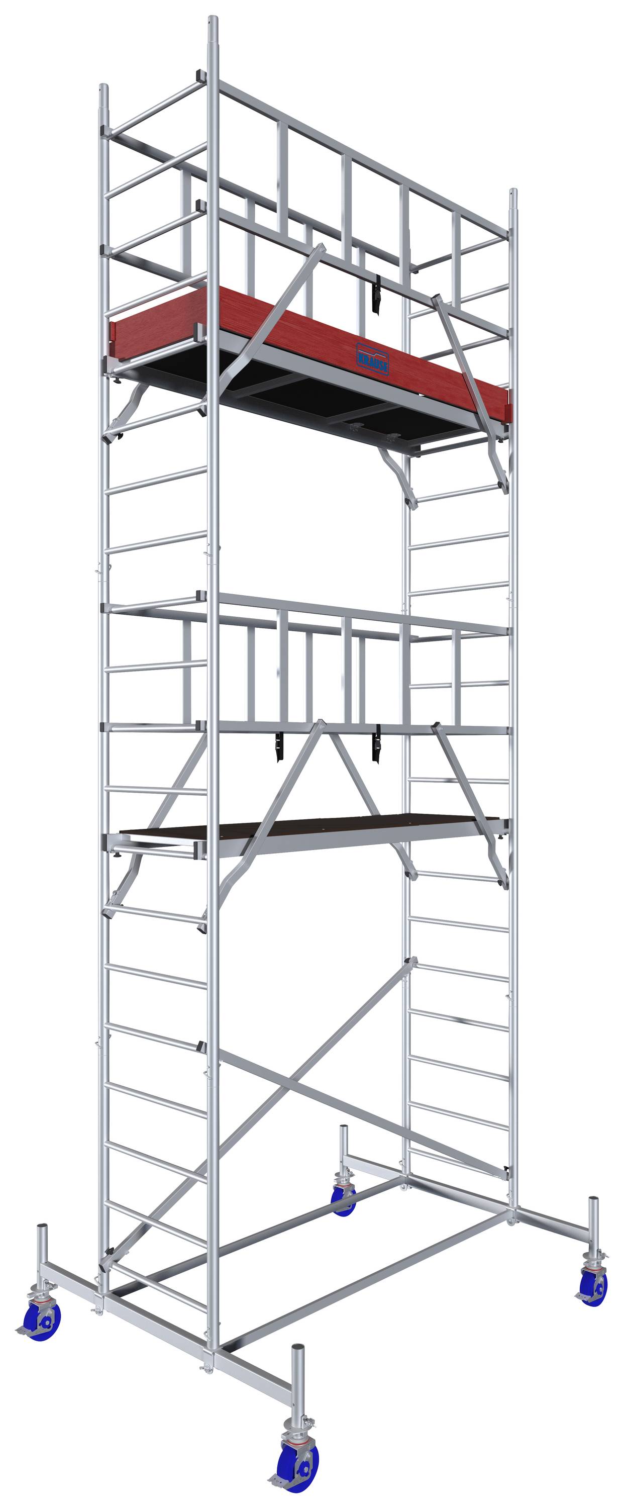 Rusztowanie jezdne z niebieskimi kółkami i czerwonymi platformami. Wykonane jest z metalu i nadaje się do prac na dużej wysokości.