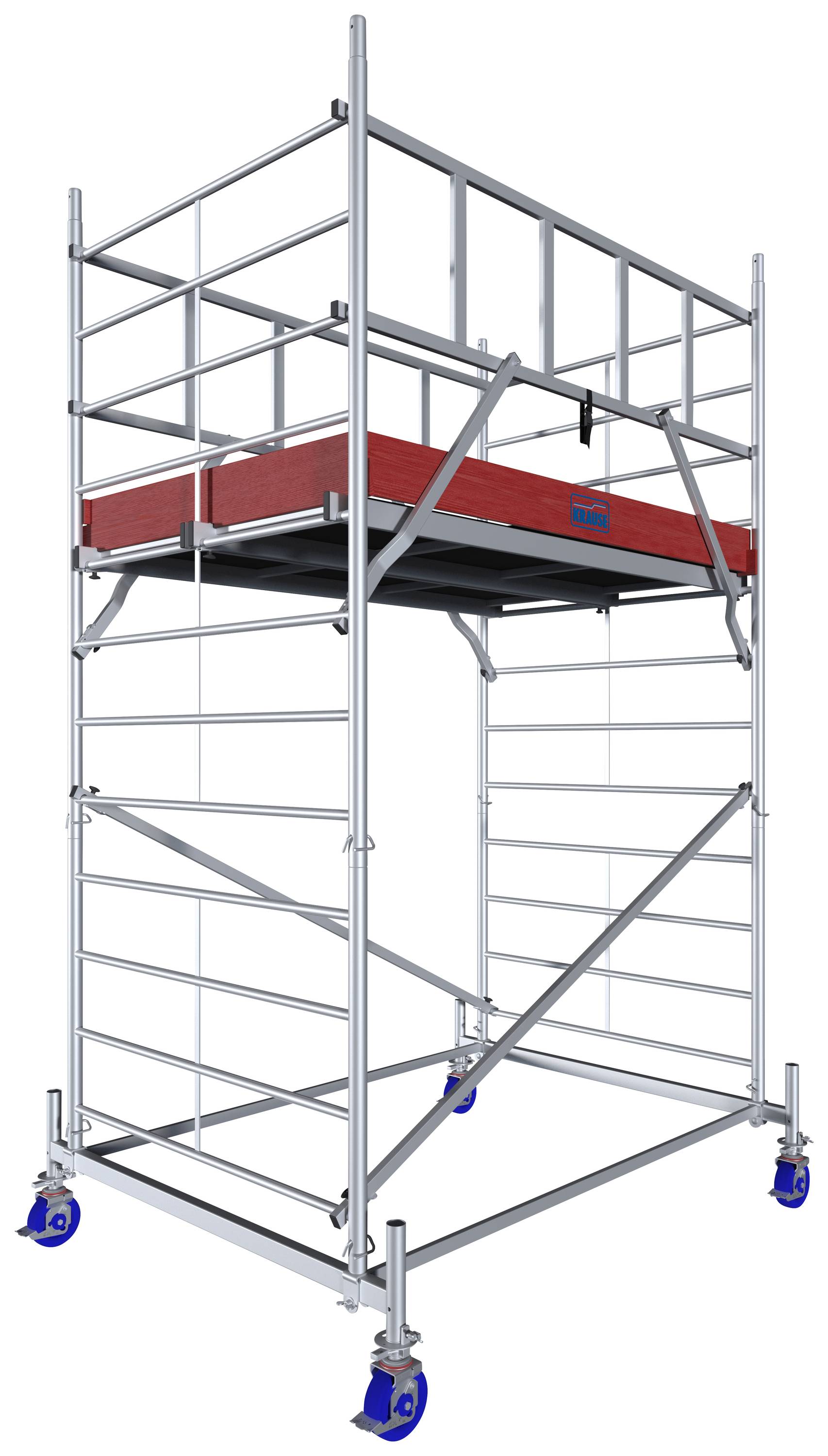 Mobilne rusztowanie z metalową ramą i czerwoną platformą, odpowiednie do prac budowlanych lub remontowych, osadzone na czterech niebieskich kółkach.