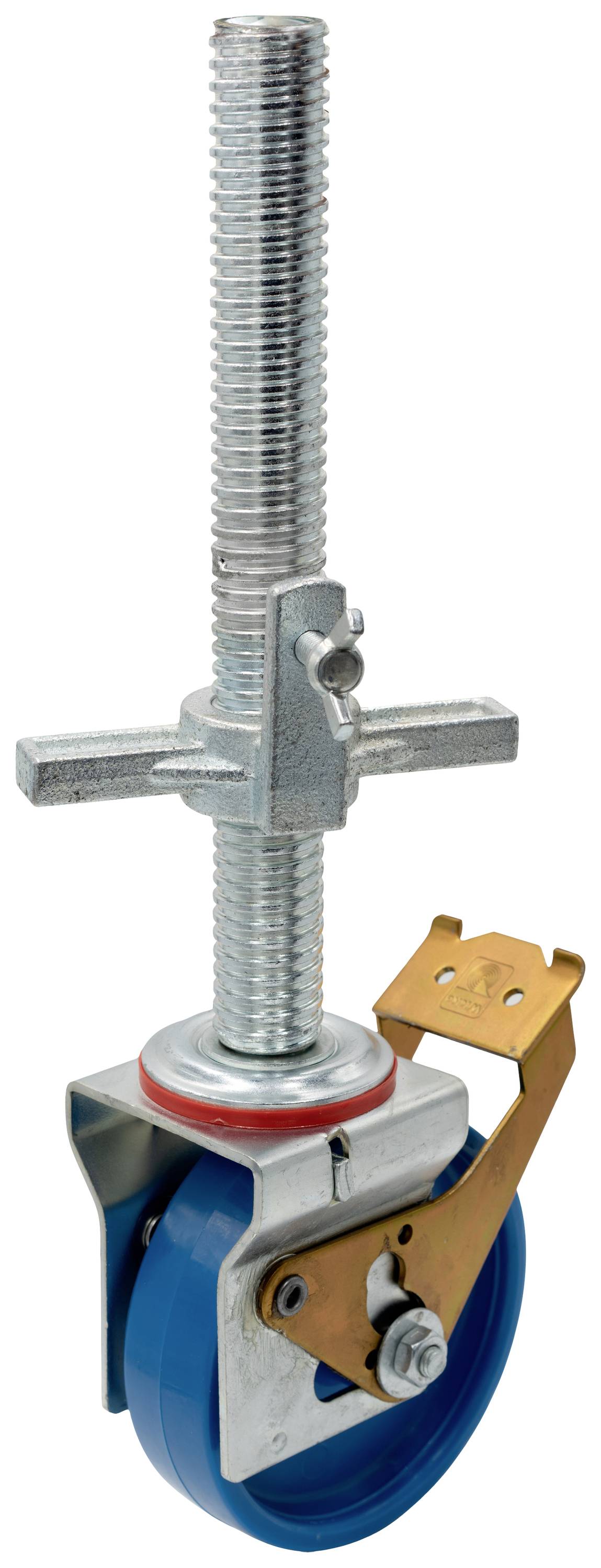 Metalowa rolka do krzesła z niebieską gumową bieżnią, prętem gwintowanym i bocznym systemem hamowania wykonanym z metalu.