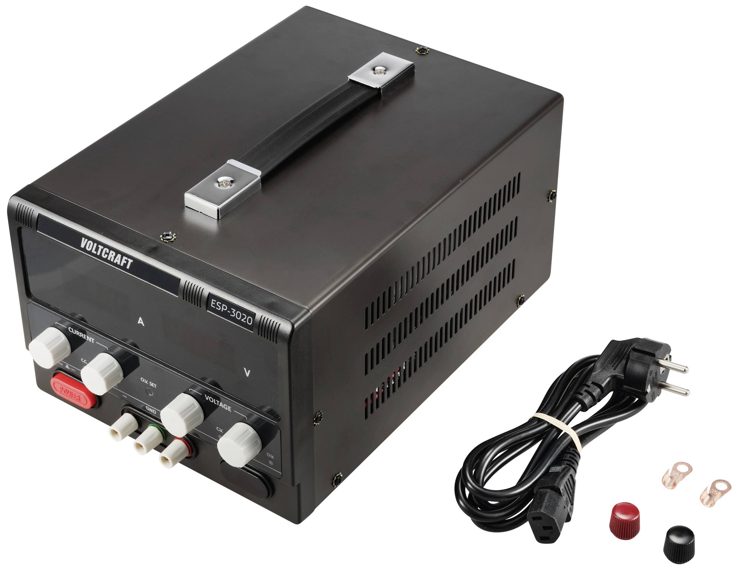 Czarno-szare urządzenie zasilające z trzema białymi pokrętłami i czerwonym przełącznikiem. Do zestawu dołączony jest przewód zasilający i dwie zaciski.