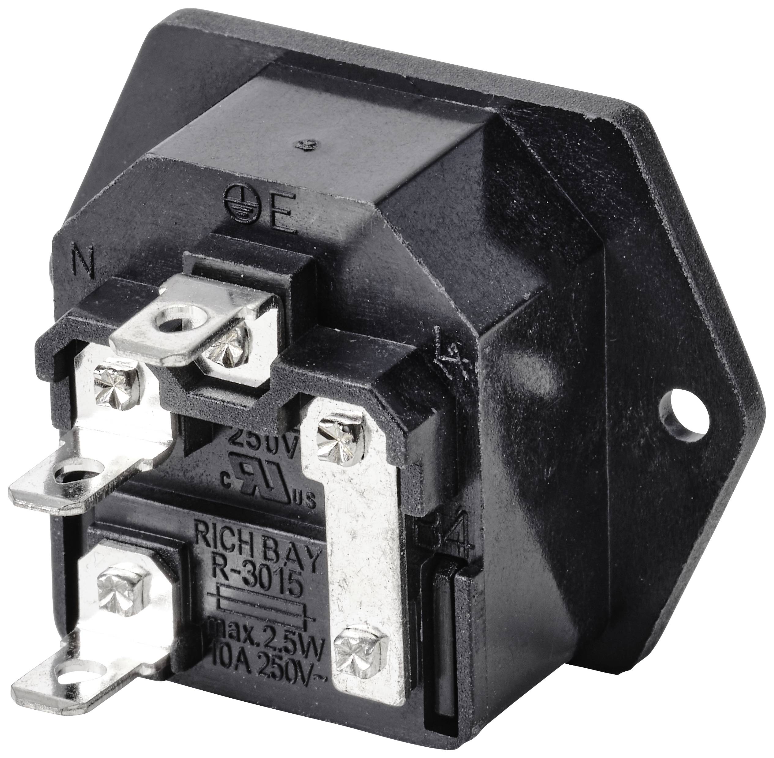 Czarny elektryczny adapter z czterema zaciskami przyłączeniowymi, odpowiedni dla napięcia przemiennego 250V, maksymalny prąd 10A.