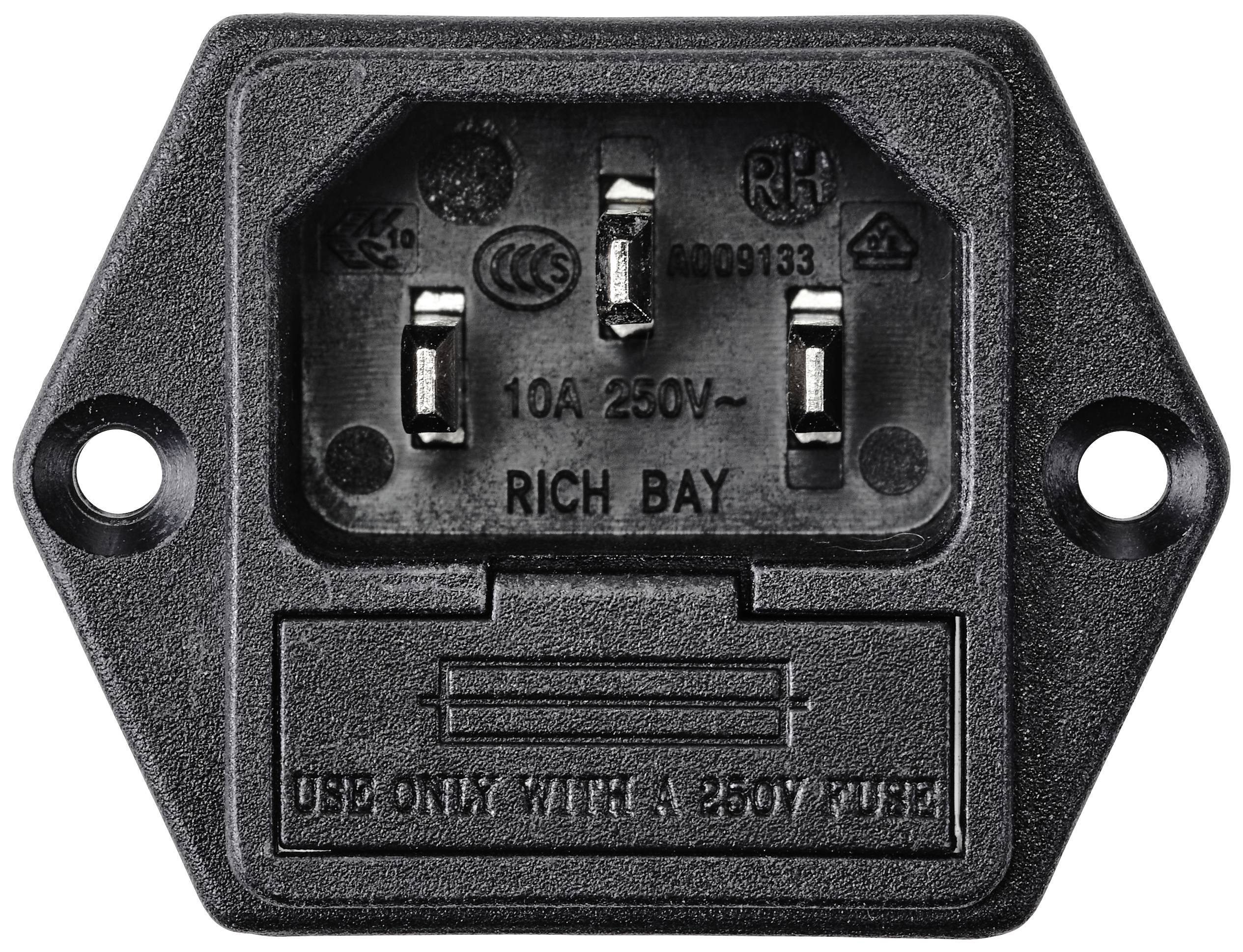 Czarny elektryczny złącz z napisem '10A 250V~' oraz wskazówką 'Używać wyłącznie z bezpiecznikiem 250V'. Nazwa producenta: Rich Bay.