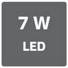 7 W LED na kwadratowym tle sygnalizuje moc i rodzaj lampy LED.