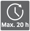 Symbol koła ze strzałką i wskazówką zegara ustawioną na godzinę 2. Poniżej napis: 'Maks. 20 godz.'. Znak ograniczenia czasowego.