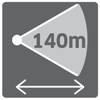 Symbol zasięgu radialnego wynoszącego 140 metrów. Strzałka wskazuje szerokość objętego obszaru.
