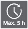 Symbol z piktogramem zegara i strzałką wskazujący maksymalnie 5 godzin.