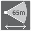 Tarcza wskazuje strefę sygnałową o zasięgu 65 m, pod którą znajduje się podwójny strzałka symbolizujący wskaźnik odległości.