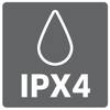 Symbol 'IPX4' na szarym, teksturowanym tle, wskazujący, że urządzenie jest chronione przed rozbryzgami wody.