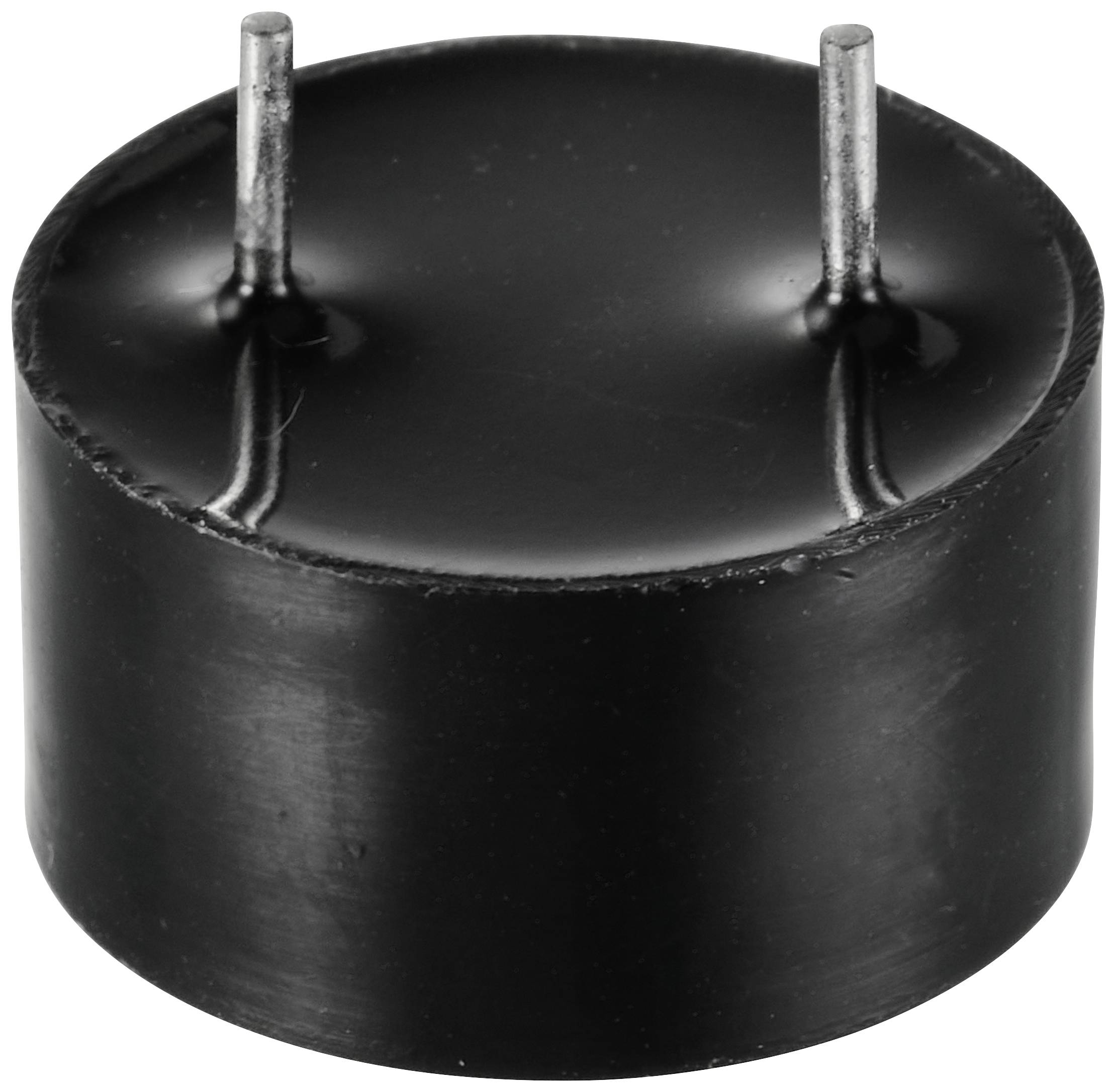 Okrągły, czarny brzęczyk piezoelektryczny z dwoma metalowymi stykami. Stosowany do generowania dźwięków alarmowych w urządzeniach elektronicznych.