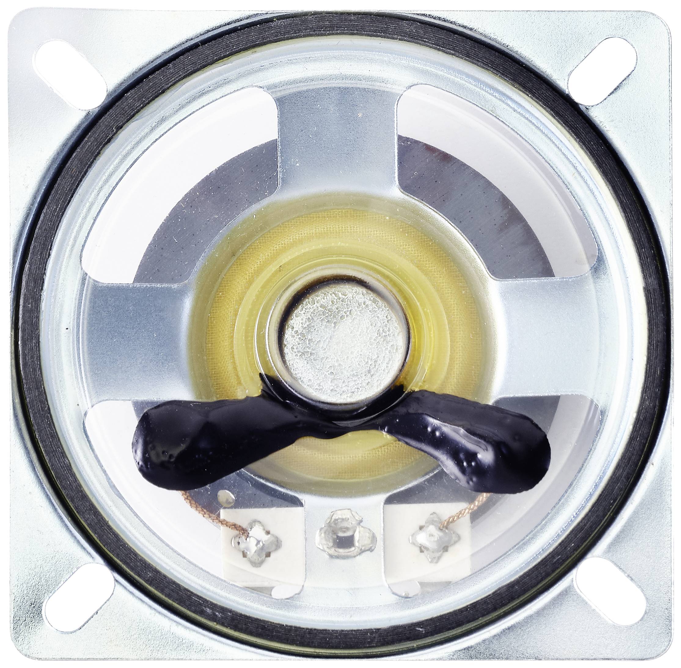 Kwadratowy głośnik w zbliżeniu. Centralny magnes, widoczna cewka drgająca i membrana. Srebrno-czarna kolorystyka.