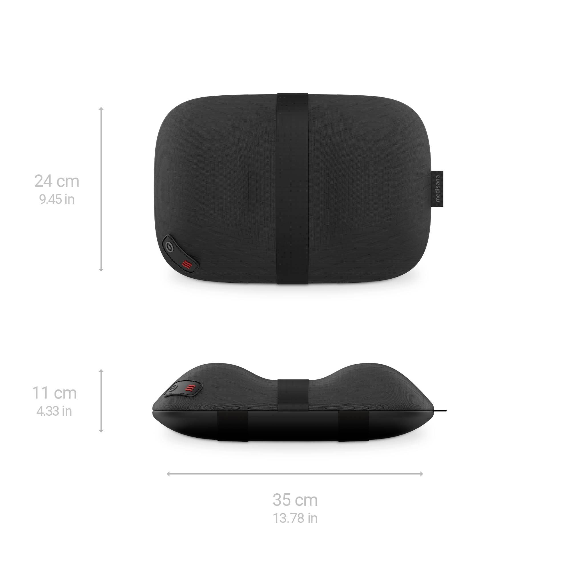 Czarna poduszka o wymiarach: 24 cm wysokości, 11 cm głębokości, 35 cm szerokości. Posiada pasek oraz włącznik/wyłącznik z boku.