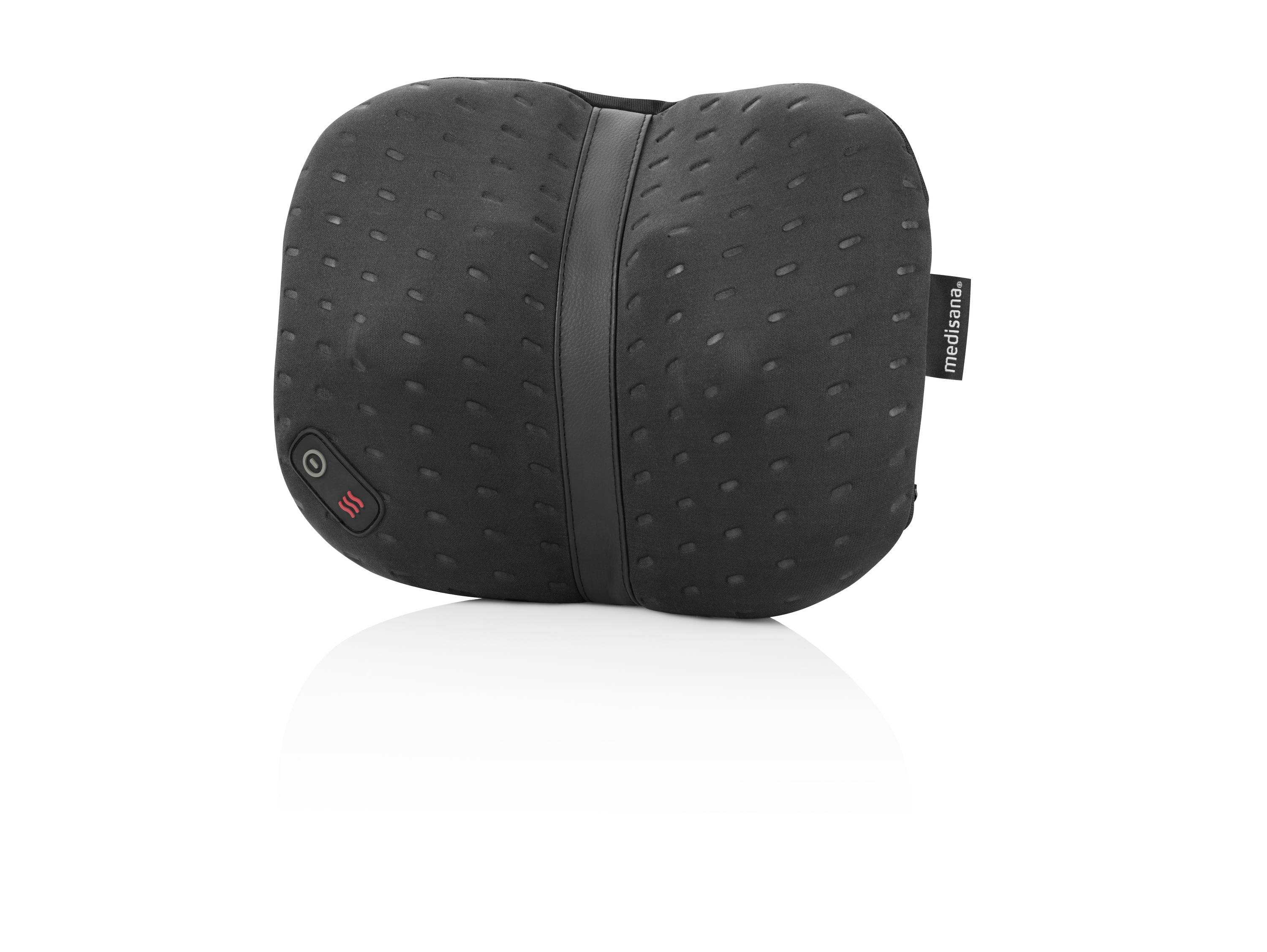 Czarny, prostokątny poduszka do masażu z małymi wypustkami na powierzchni i przyciskiem włączającym z boku.