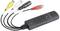 Grabber USB do wideo z czterema kolorowymi złączami kablowymi: żółtym, białym, czerwonym i czarnym. Urządzenie przekształca analogowe sygnały wideo w dane cyfrowe.